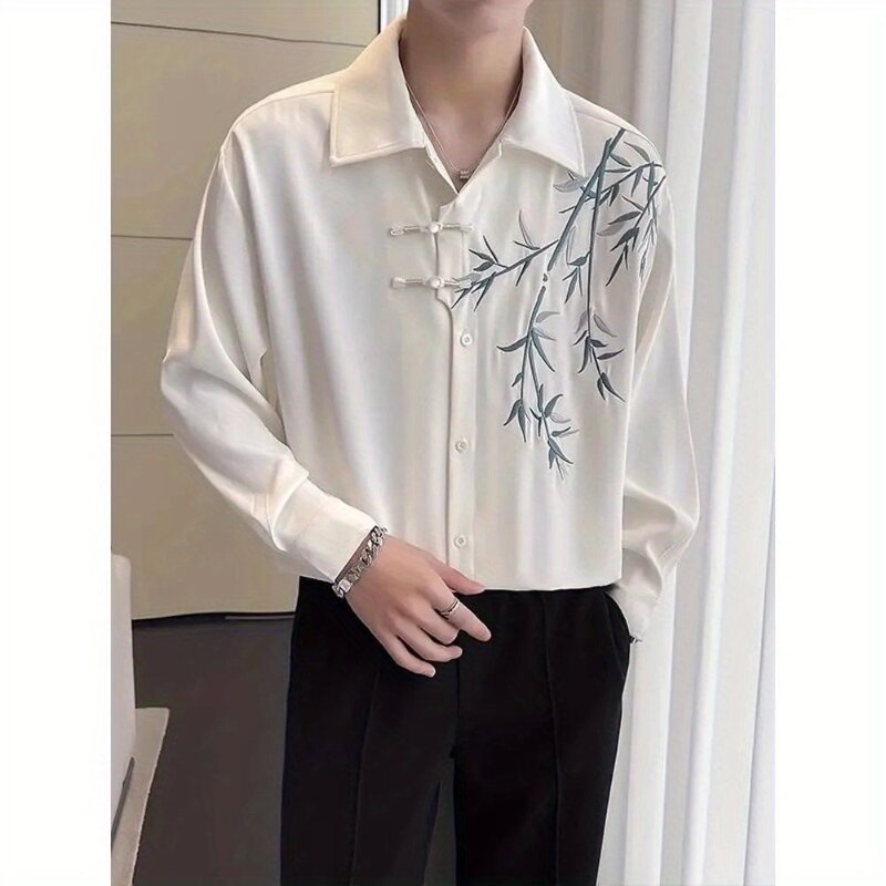 Camisa de manga comprida bordada estilo chinês masculino, blusa solta casual, gola flip estampada, elegante, nova, primavera e outono, 2024