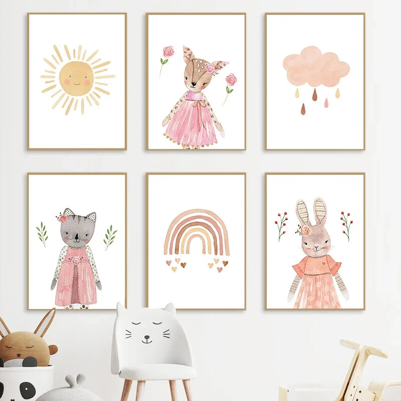 保育園の壁の芸術のキャンバスの絵,子供部屋の壁画,ウサギ,猫,キツネ,太陽,虹,雲