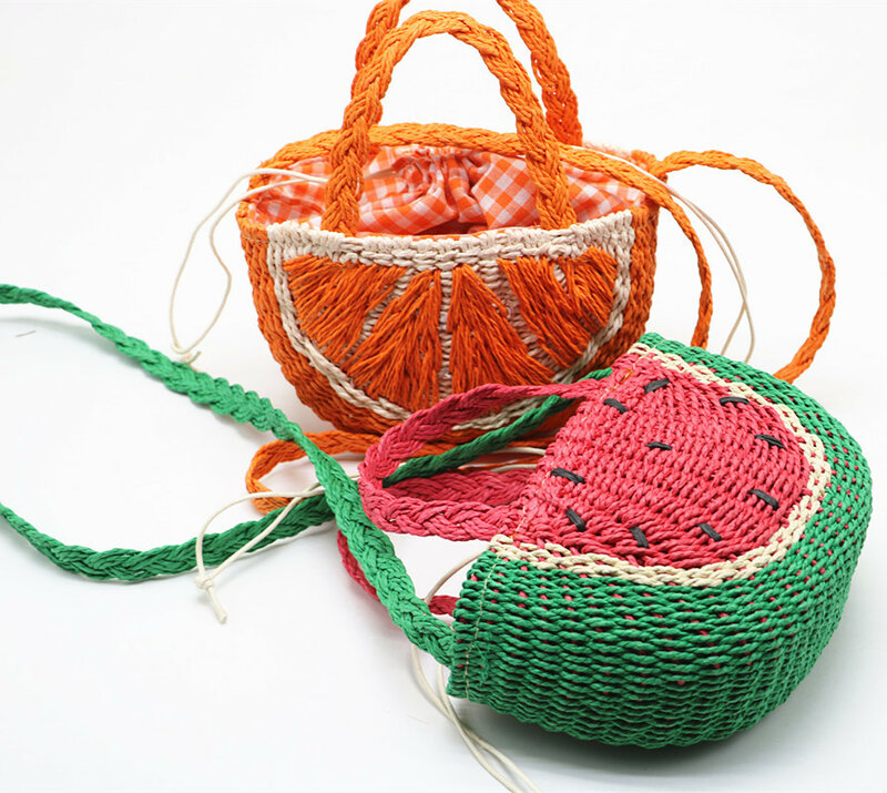 Nette Wassermelone Form Stroh Tasche Mode Rattan Wicker Hand Gewebten Halb-runde Handtasche Urlaub Sommer Strand Reise Umhängetasche