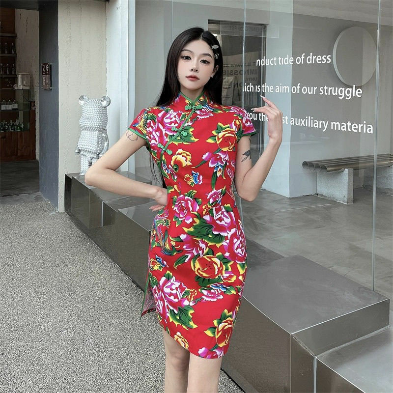 Женское платье-Ципао с цветочным принтом, 150 кг