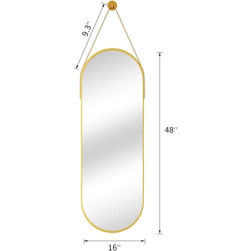Specchio ovale a figura intera da 16 "x 48" con cinturino specchio appeso con cornice in alluminio, decorazione d'ingresso con specchio da parete ovale dorato