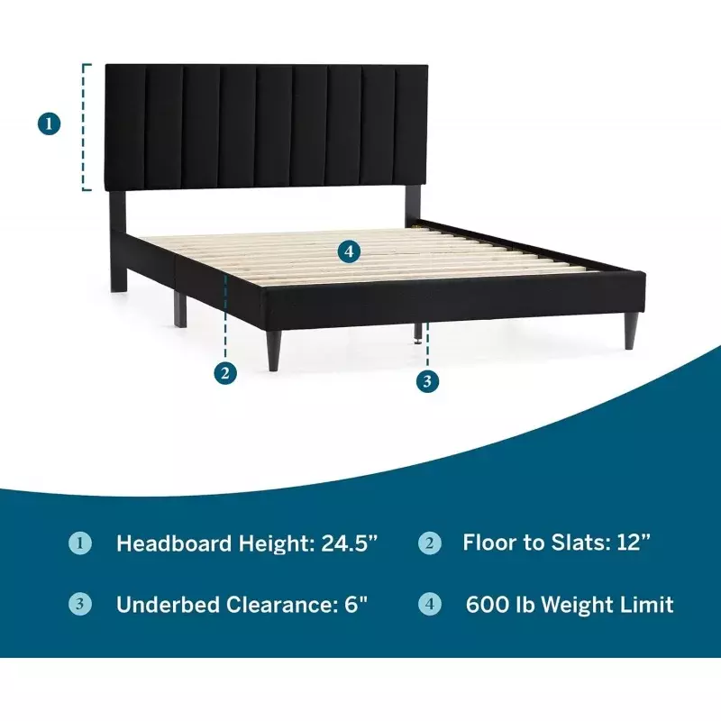 Lucid Queen Bedframe with Vertical Channeled Headboard — Upholstered Platform Bed — Easy Assembly — Queen Size — No Box Spring N
