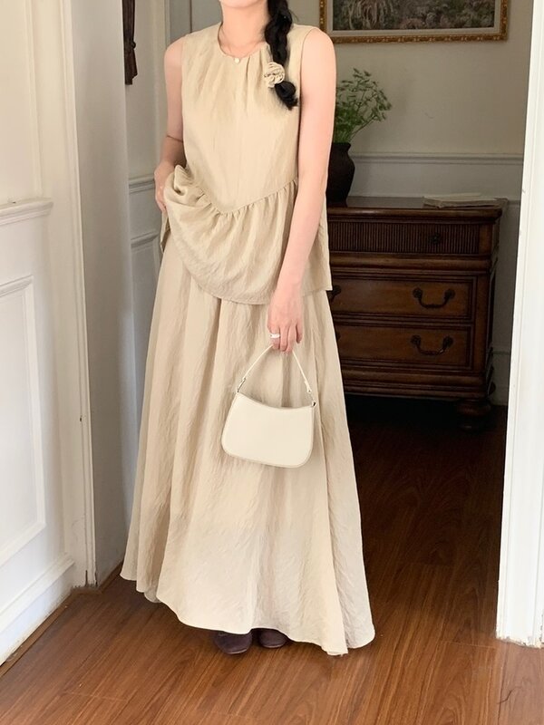 UCXQ Korean Style Gentle Solid Color O Neck Top Elastic Long Skirt Elegant Fashion Two-piece Set Women 2024 Spring Summer 3A8447