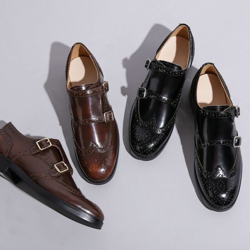 Carved leather shoes British retro flat buckle Monk shoes Chelsea leather women's shoes Oxford