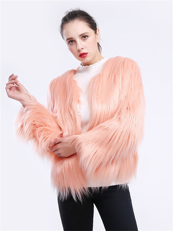 Mantel bulu palsu wanita 2023 mode baru musim gugur musim dingin lengan panjang ramping pendek kantong hitam merah muda cuci air rambut domba pakaian luar wanita