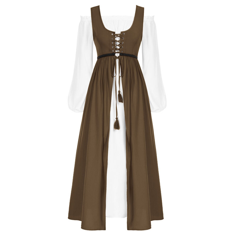 Gaun Maxi gaya SD perempuan gaun Off-Shoulder Lengan Panjang Renaissance Gaun + Gaun Tank Set 2 potong