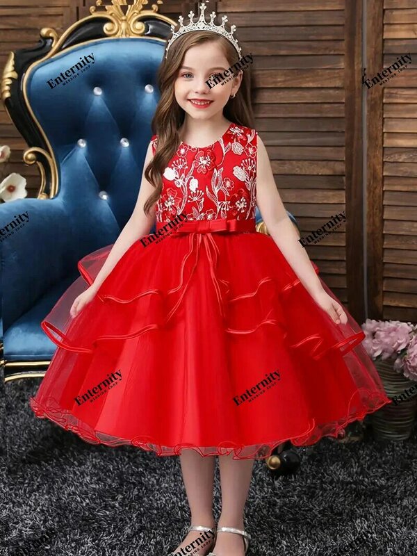Dziewczęca sukienka księżniczki bez rękawów haft w kwiaty kokardka bez rękawów imprezowa suknia balowa urzekająca Vestidos Para Niñas
