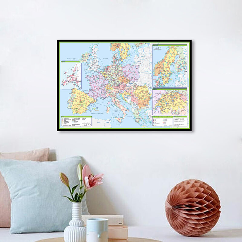 Póster de arte de pared con detalles del mapa de Europa, lienzo decorativo, material escolar, decoración del hogar para aula, 59x42 cm