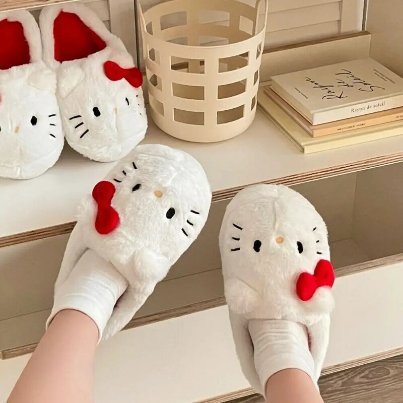 Sanrio-Zapatillas de felpa de Hello Kittys Kawaii para niñas, zapatos acolchados suaves para dormitorio, Otoño e Invierno