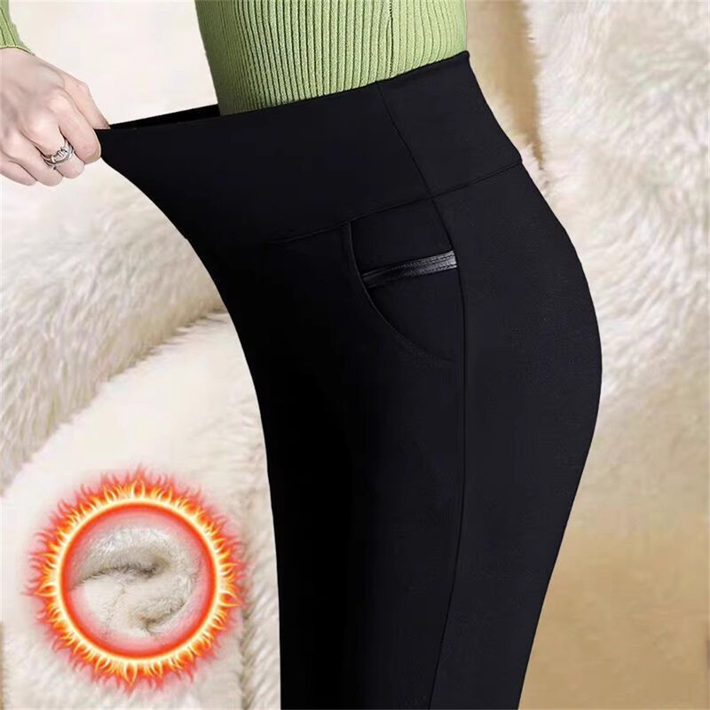 Leggings térmicas de cintura alta elásticas femininas, calças justas monocromáticas, meia-calça, pelúcia, grossa, veludo, fina, plus size, inverno