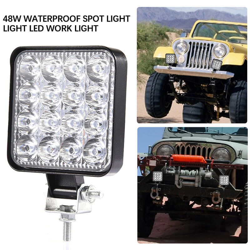 12V Waterproof Led Work Light Bar Square Spotlight 48W Work Light Headlight For Truck Off Road Night Driving Light For SUV