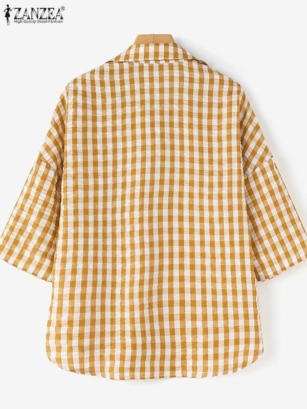 ZANZEA-Blusa xadrez feminina, gola lapela, manga 3/4, casual, solta, tops de férias, túnica grande, camisa elegante, verão