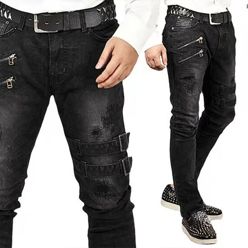 Calça jeans skinny rasgada de algodão masculino, decoração com zíper, jeans de motociclista slim fit, calça jeans oversize, hip hop preto, alta qualidade
