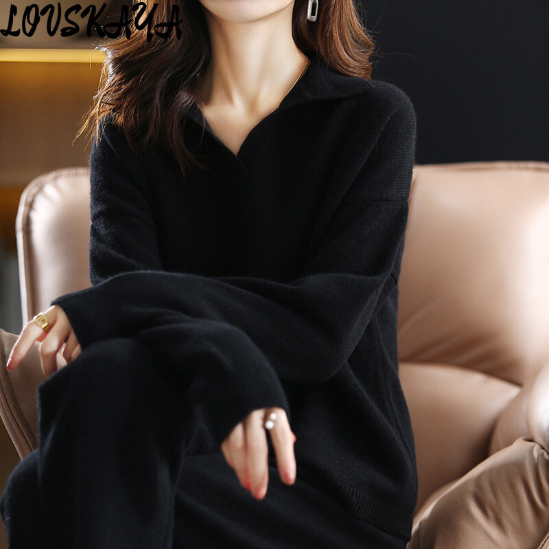Новый Однотонный свитер-поло с воротником, комплект из двух предметов, Корейская версия, Свободный Повседневный модный вязаный комплект с широкими штанинами
