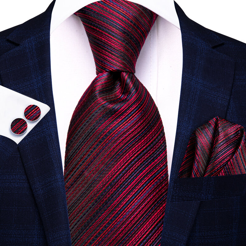 Hi-Tie Burgundy Blue Striped Designer Elegant Men Tie Jacquard Necktie Accessory Cravat Wedding Business Party Hanky Cufflinks