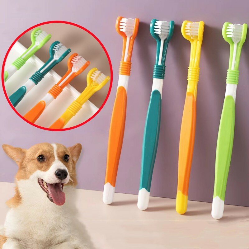 Três lados Pet Toothbrush, Dog Teeth Cleaning, escova de cabelo macia para cães, produtos de limpeza da boca do gato