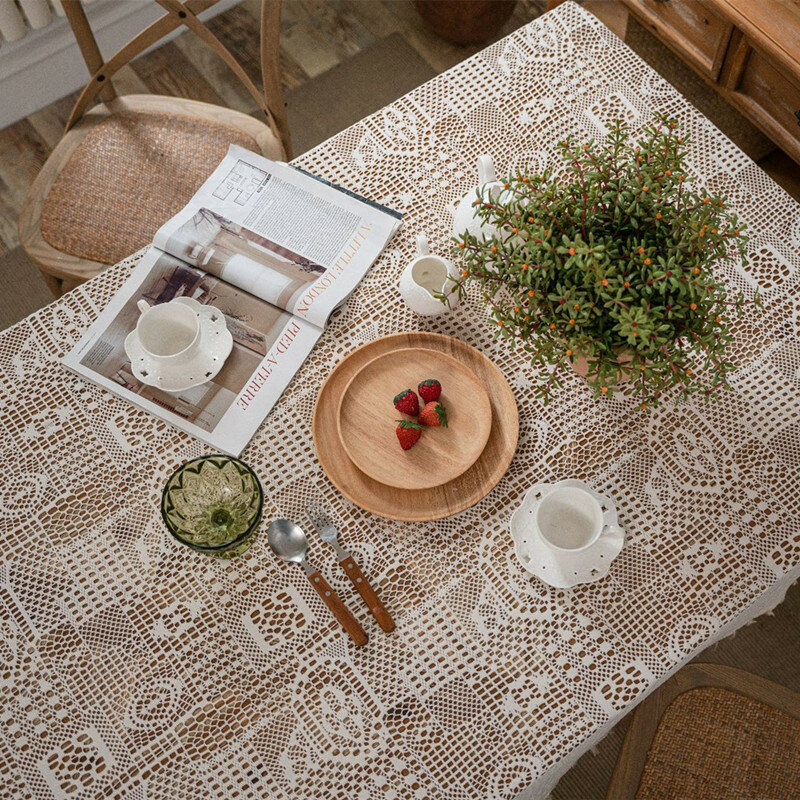 European Pastoral Handmade Crochet Beaded Beige Rectangular Tablecloth Dining Table Sofa Set Cover Cloth Christmas Wedding Decor