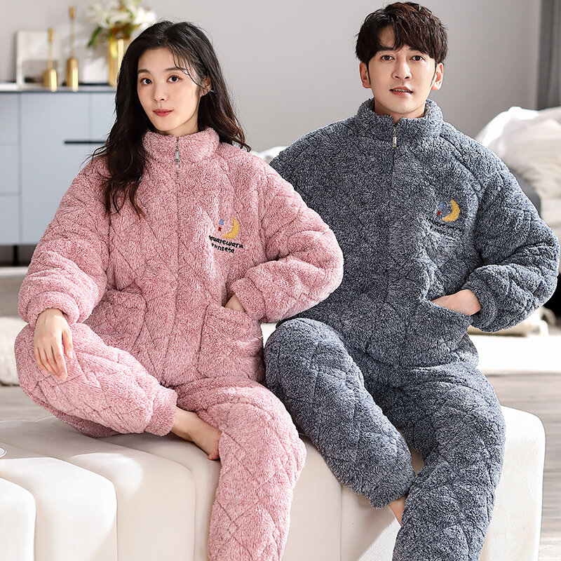 Clip Cotton Pajamas Set Winter Couple Three-layer Thick Coral Fleece Flannel Warm Sleepwear Casual Men and Women Homewear