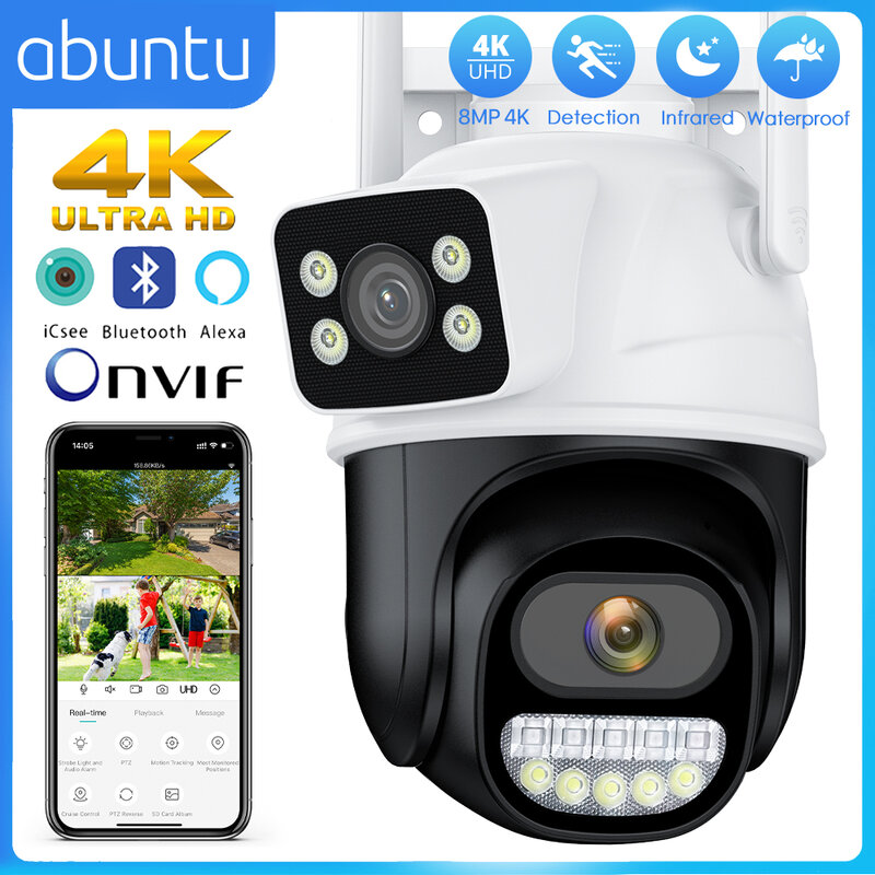 ABUNTU 야외 듀얼 렌즈 감시 카메라, 8MP 4K 와이파이 IP 카메라, 오디오 인간 감지, 4MP 야간 투시경 보안 카메라, ICSEE