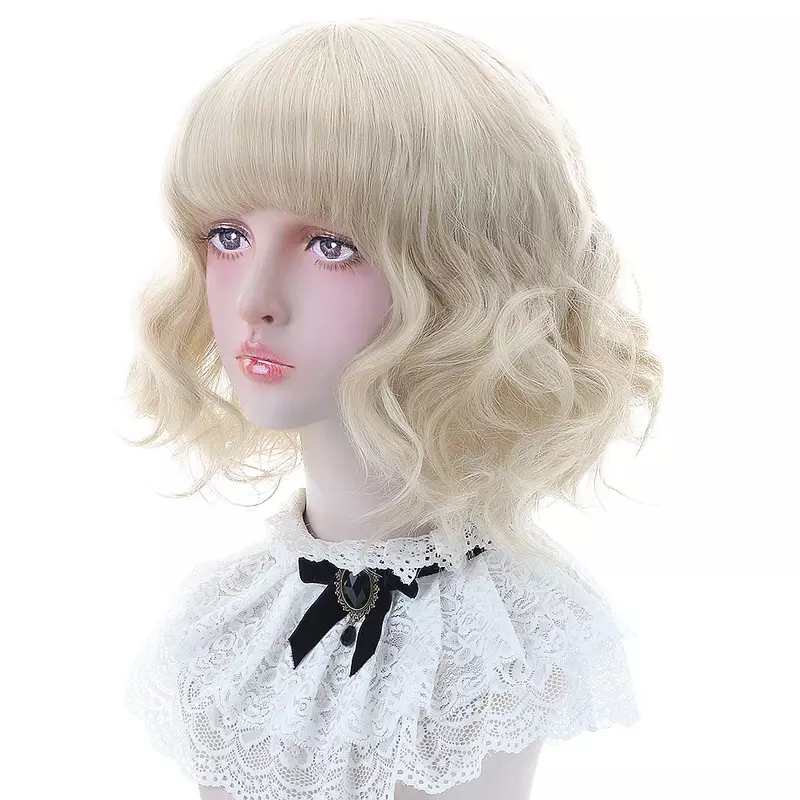 AICKER 14" Short Wavy Synthetic Ash Blonde Brown Ginger Dun Hair Bob Wigs with Blunt Bangs for Women Lolita Cosplay