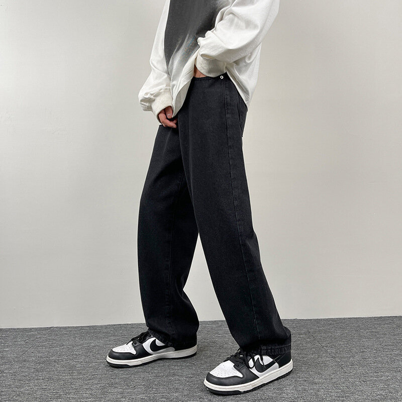 Calça reta com bolsos de zíper masculina, jeans reto solto, cor sólida, estilo americano, moda nova para primavera e verão, estilo Y2K