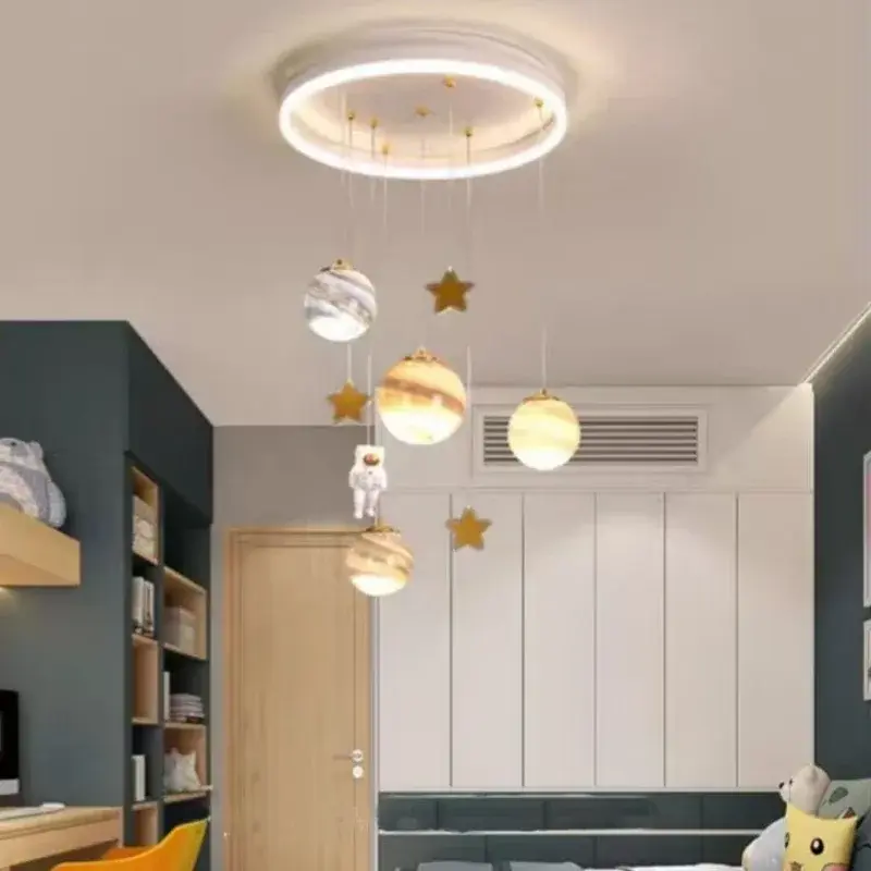 Children's room chandelier, 52W ceiling lamp, living room chandelier, astronaut moon lamp, suitable for children's room