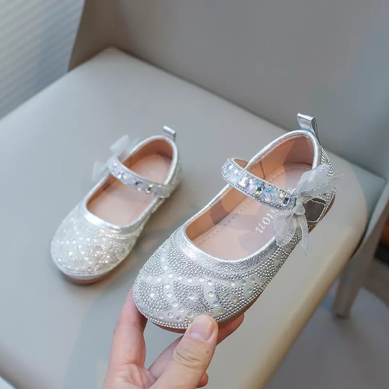 Girls Casual Shoes Kids Princess Flats for Wedding Party Flower Girl Dress Shoes Rhinestone with Bow-knot Sweet Soft 2024 Spring