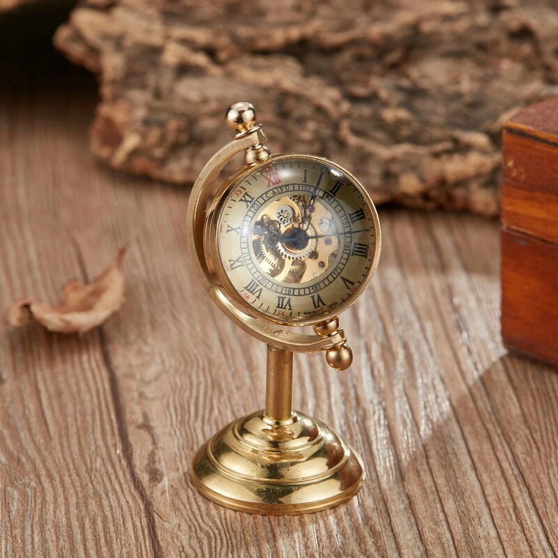 Jam tangan saku mekanis, jam tangan meja emas bola dunia berputar tembaga Retro gerakan belok tangan dekorasi mewah rumah kantor
