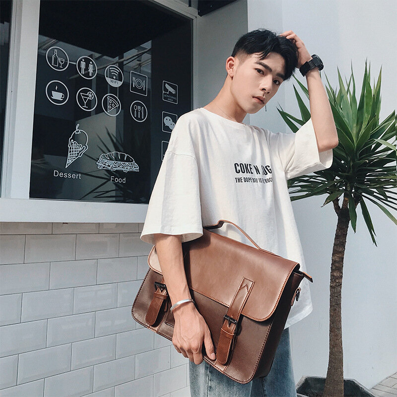 Crazy Horse Artificial Korea Style Business Handbag Laptop Coffee slip Leather Casual Men Messenger Shoulder Bags