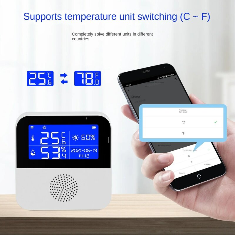 Tuya Sensor Suhu Kelembaban WiFi dengan Probe Eksternal Layar LCD Monitor Jarak Jauh Termometer Dalam Ruangan Higrometer Aplikasi Kehidupan Pintar