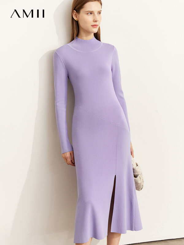 Женское трикотажное длинное платье AMII, минималистское модное облегающее элегантное платье с полувысоким воротником и разрезом снизу, модель 2022 на осень, 12241146