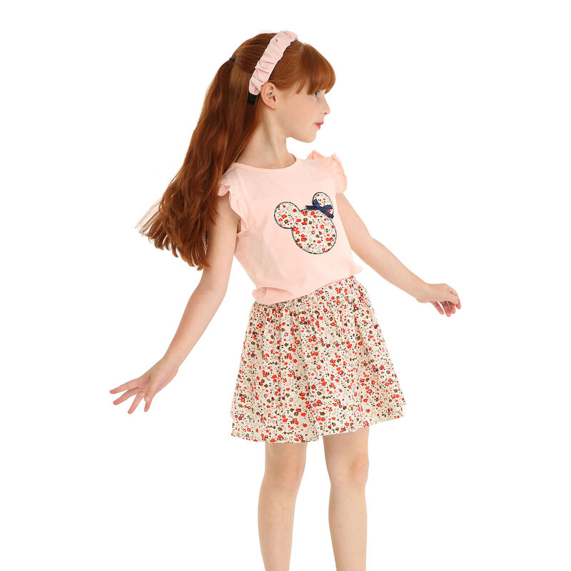 Комплект одежды для девочек с цветочным принтом, топ с оборками на рукавах и юбка
