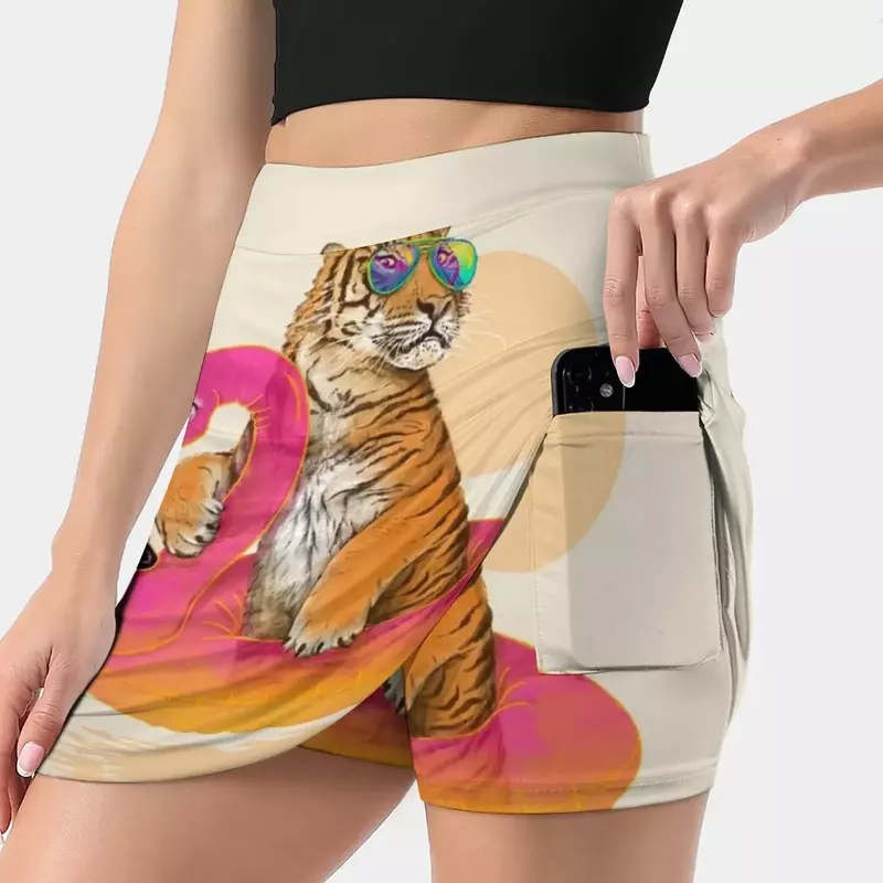 Mini-saia feminina Chillin flamingo e tigre, saia linha com bolso, gato, refrigeração solar, verão