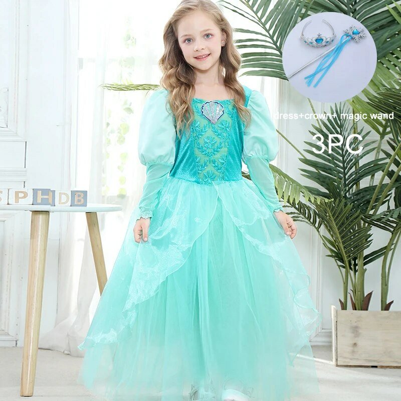 Детское платье принцессы для косплея, зеленое ледяное платье с рукавами-фонариками