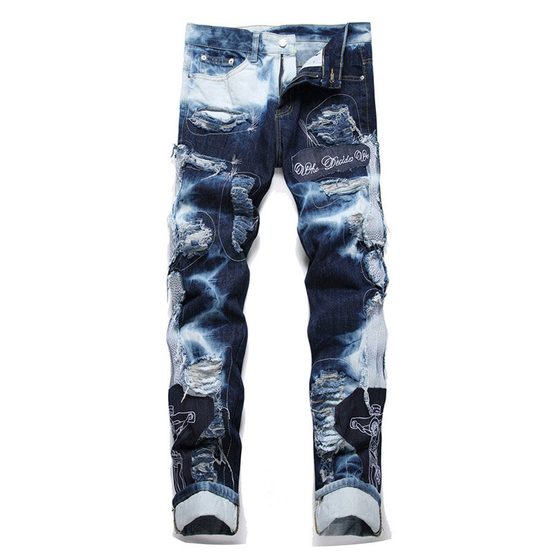 Mcikkny Men Hi Street Ripped Jeans Pants Washed Patchwork Streetwear Denim Trousers Straight