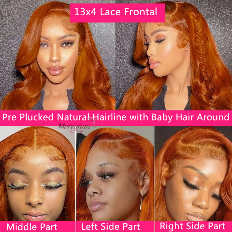 Pelucas frontales de encaje naranja jengibre, cabello humano prearrancado, onda corporal 13x4, peluca Frontal de encaje de Color jengibre