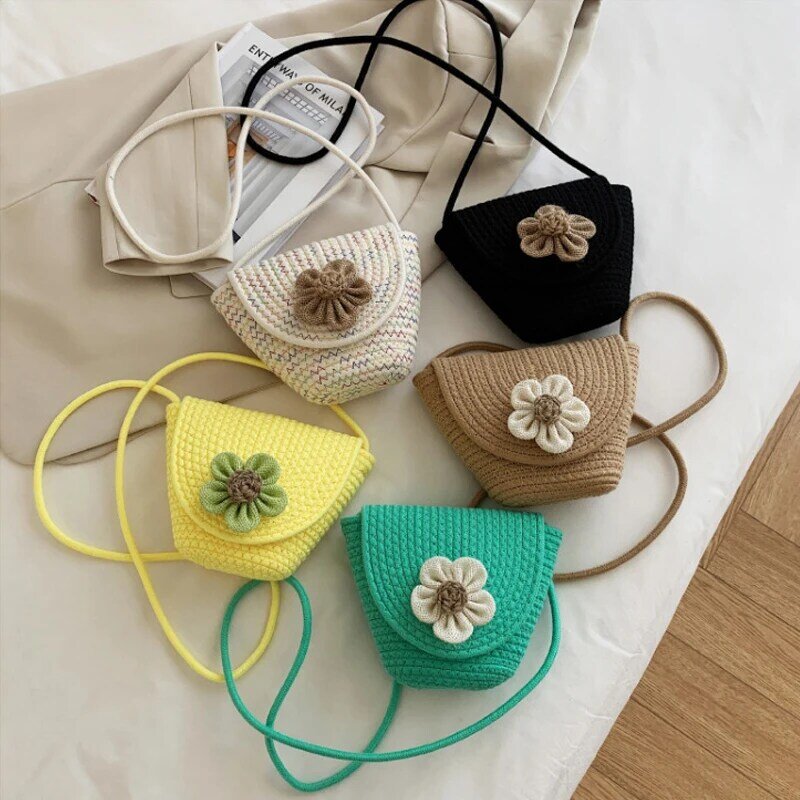 Bolso de playa de verano para mujer, bolsa de paja tejida, bandolera pequeña con concha de flores, bandolera de moda coreana