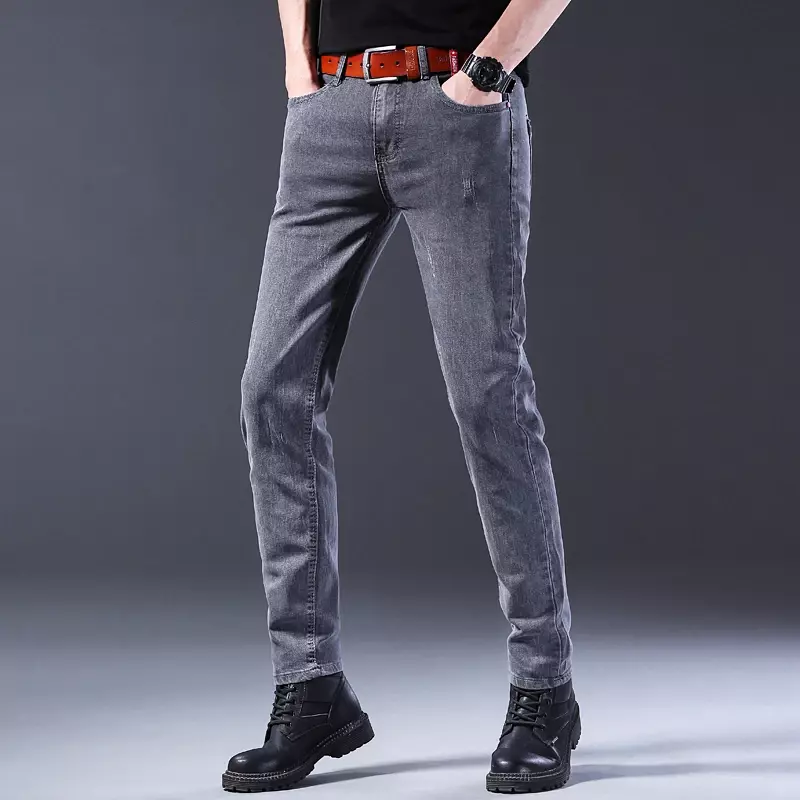 Pantalones vaqueros de estilo coreano para hombre, Vaqueros rectos de cintura media, informales, color gris, novedad de 2024