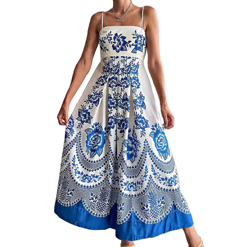 Women's Summer Dresses Vintage Ethnic Suspender Dresses Ladies Bohemian Print Dresses 2024 Beach Vacation