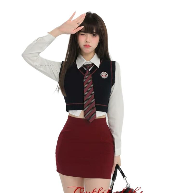 Korean Japan Style School Uniform  Jk Uniform Hot Girl Fashion Korea Improved School Uniform Knitted Vest Skirt Three Piece Set