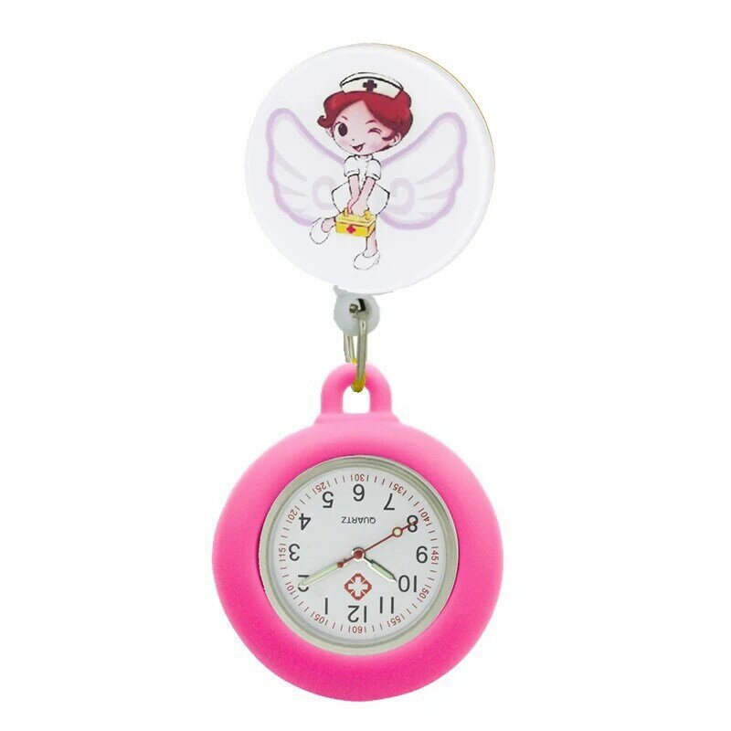 YiJia Cartoon Retractable Badge Reel Medical Pocket Watch for Nurse with Colorful Rubber Case and Luminous Pointer
