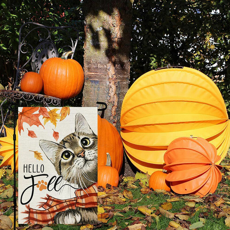 Thanksgiving Fall Cat Garden Flag Kleurrijke Hello Fall Esdoorn Leaves Cat Portret Voor Tuin En Tuin