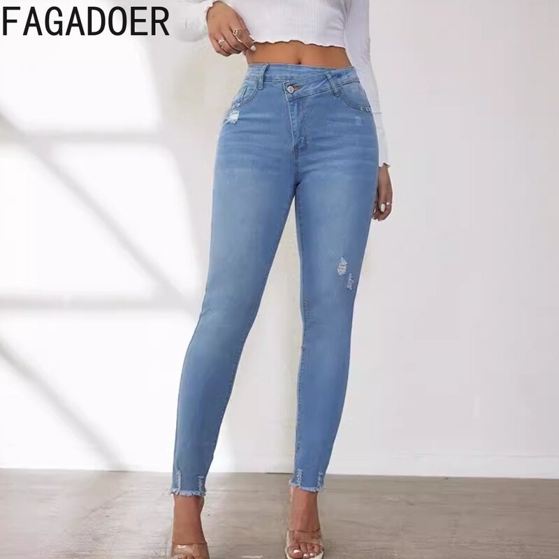 Fagadoer-ブルーデニムスリムペンシルパンツ女性用、伸縮性、ハイウエスト、ボタンポケット、女性用カウボーイボトム、ブルーファッション