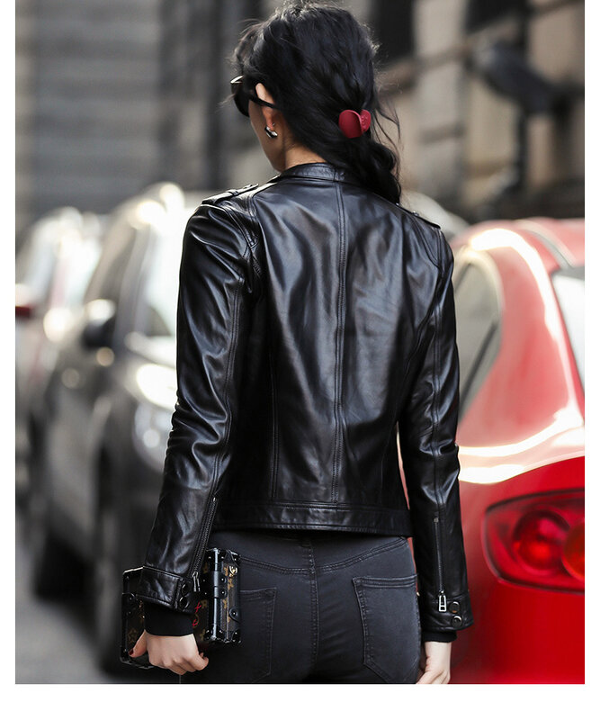 女性のための本革のジャケット,薄いシープスキン,スタンドカラー,短いオートバイのジャケット,秋,2024
