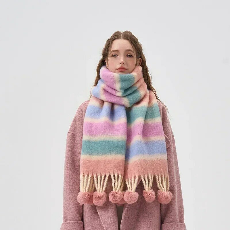 Dopamine Polyester Striped Scarf Tassels with Fur Ball Warm Scarf Korean Autumn and Winter Outer Shawl Soft Scarf for Student