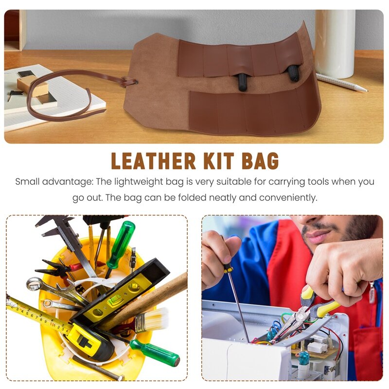 Leather Tool Roll, Leather Tool Kit Storage Bag, Multi Functional Leather Kit Bag Bicycle Repair Tool Kit Bag