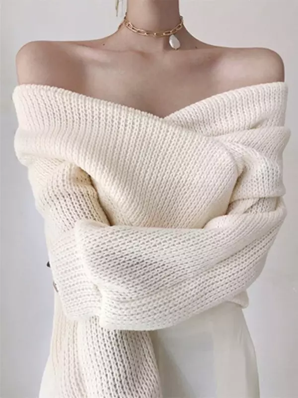 Winter and Spring Women's 2024 Cashmere Pullover V-neck Pull Back Sexy Off-shoulder Sweater Knit Korean Elegant Ladies Pullover