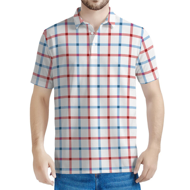 男性用のクラシックな市松模様のポロシャツ,3DプリントのストライプのTシャツ,特大のトップス,半袖,ラペルシャツ,ストリート,夏