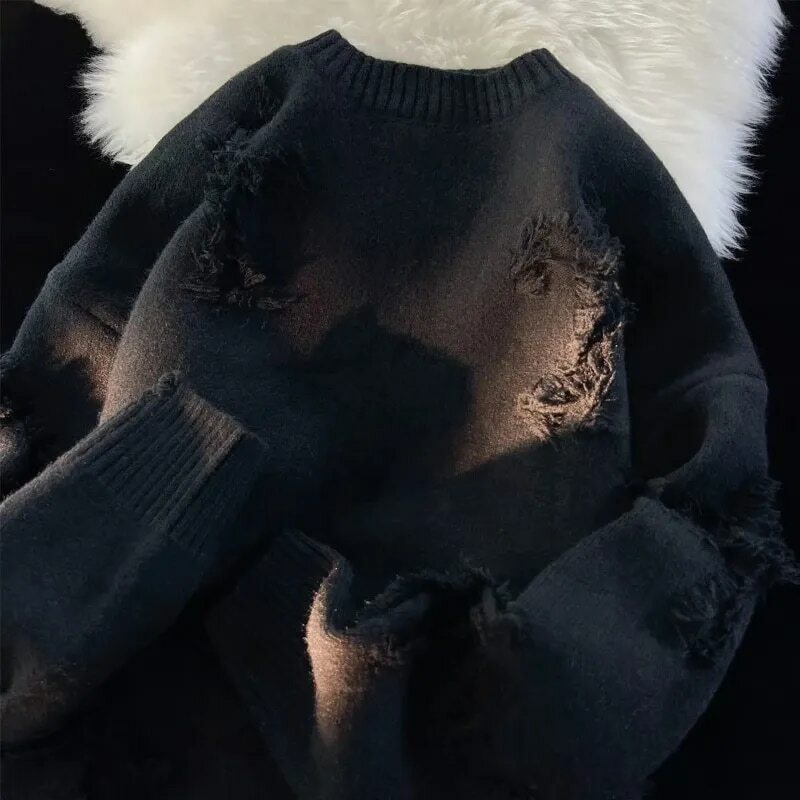 2023 jesienny i y2k Streetwear męski nowy Retro dziurkowy sweter z frędzlami luźny wszechstronny sweter dla mężczyzn i kobiet z długim sweter z rękawem