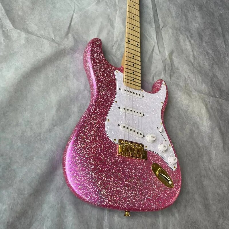 Guitarra elétrica com 6 cordas, corpo de partículas rosa, Maple Fingerboard, Maple Track, Real Factory Pictures, pode ser enviado com um
